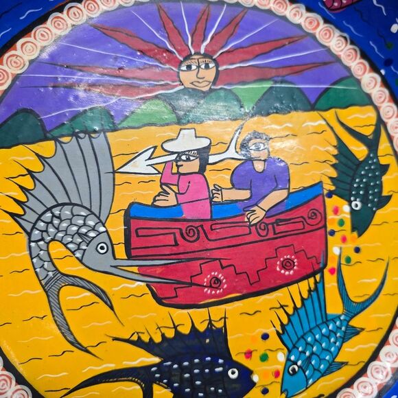 Vintage MEXICAN Ixtapa Terracotta Pottery Folk Art Hand Painted Large Bowl - Picture 4 of 8